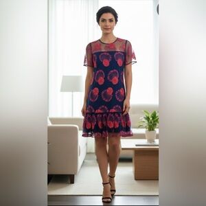 Trina Turk Embroidered Lacy Dropwaist Pink and Blue Dress, Sz 4, EUC